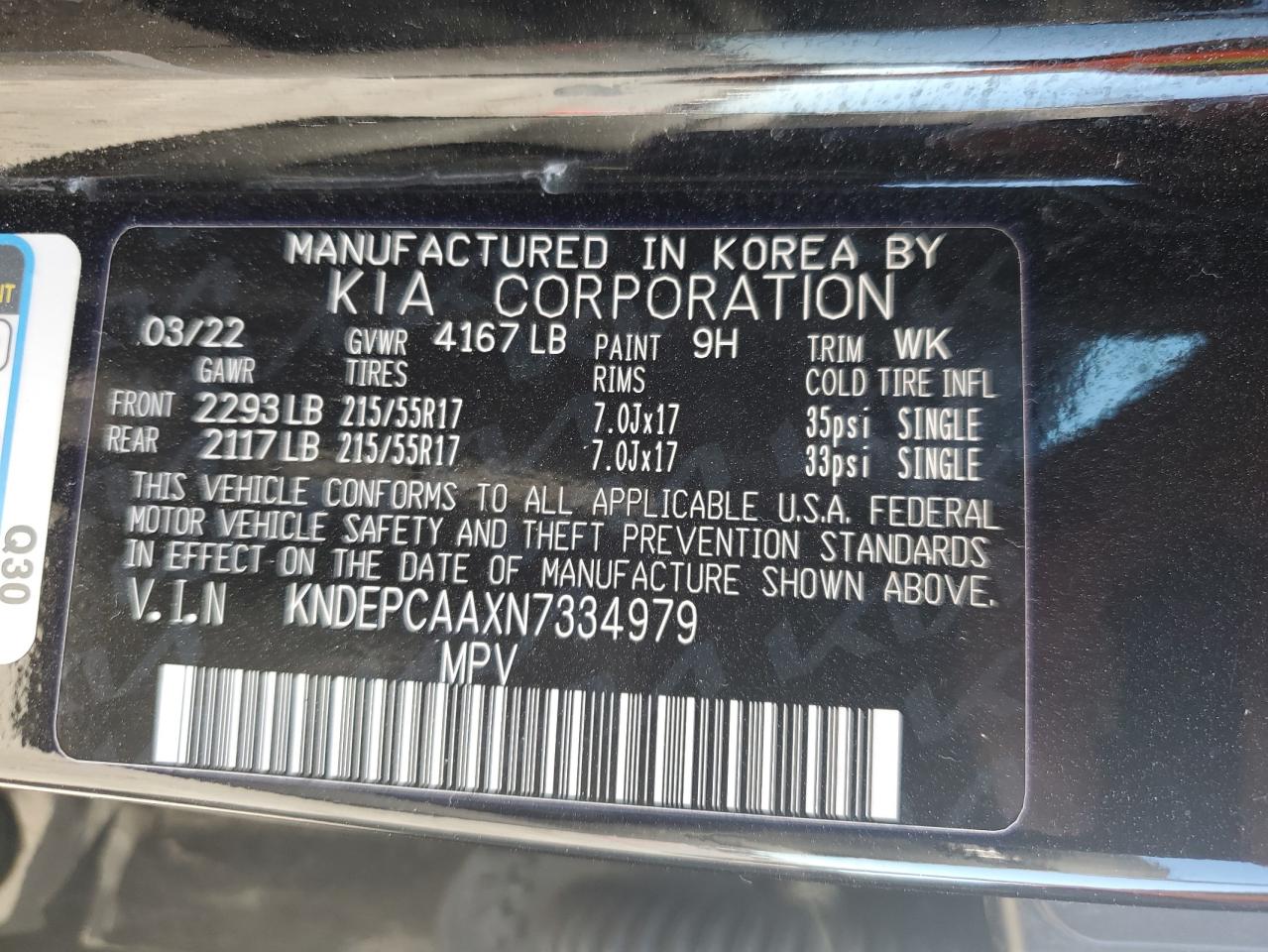 2022 KIA SELTOS LX VIN:KNDEPCAAXN7334979
