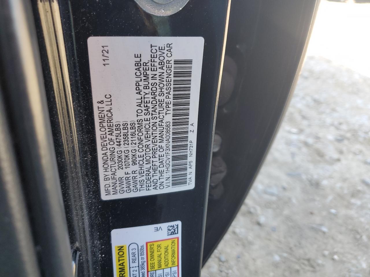 2022 HONDA ACCORD SPORT VIN:1HGCV1F3XNA008583