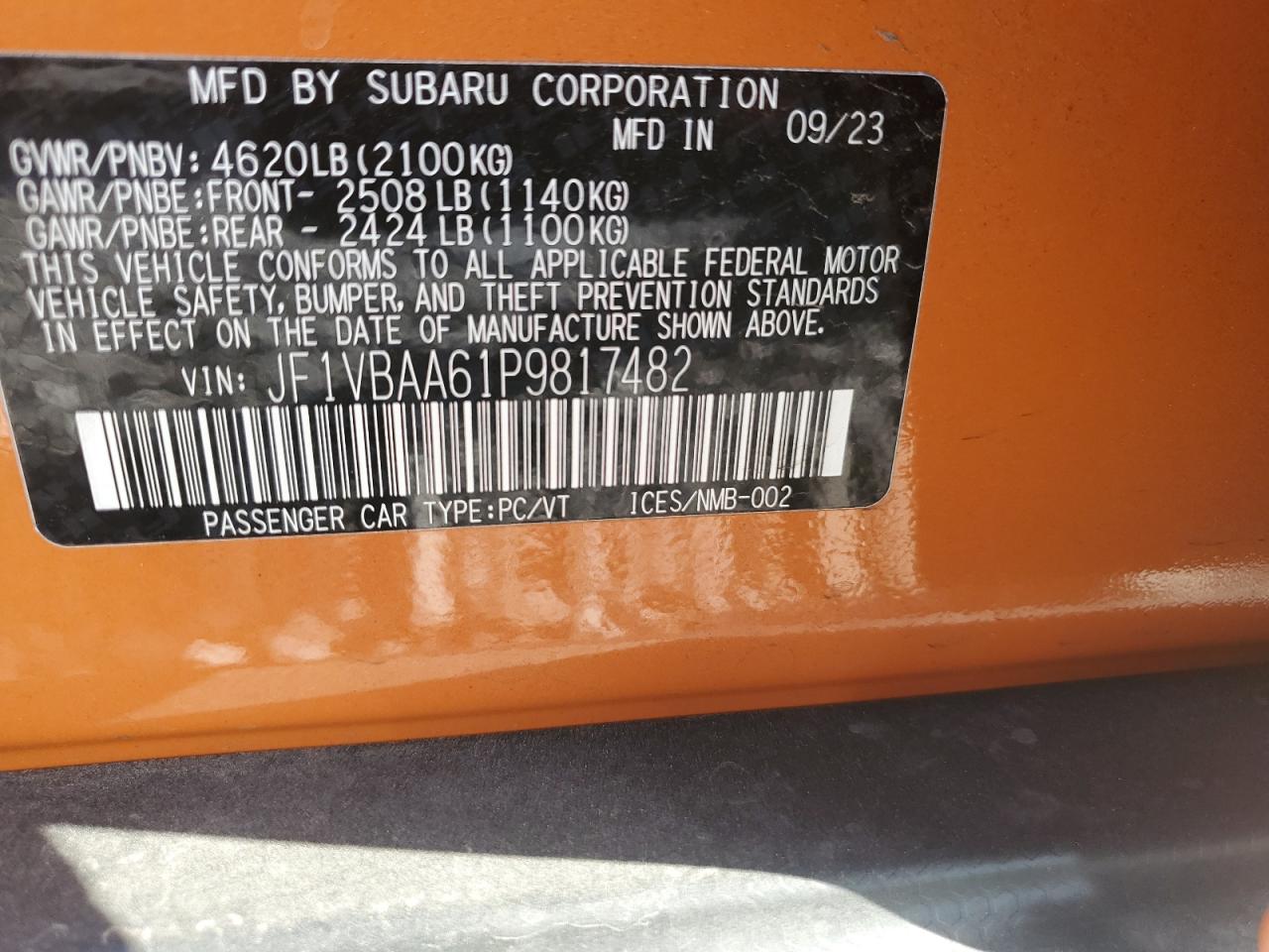 2023 SUBARU WRX  VIN:JF1VBAA61P9817482