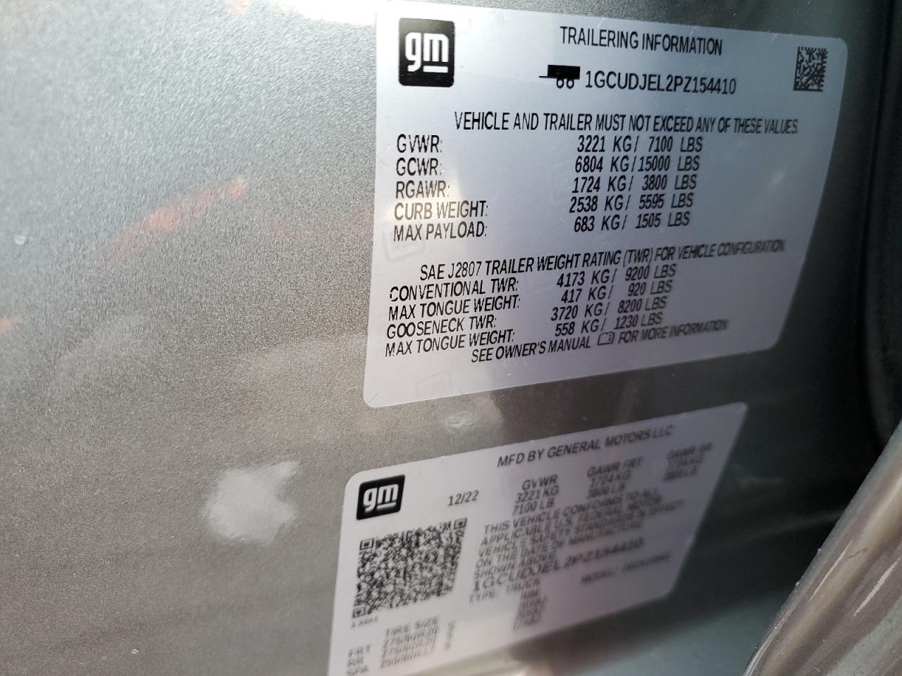 2023 CHEVROLET SILVERADO K1500 HIGH COUNTRY VIN:1GCUDJEL2PZ154410