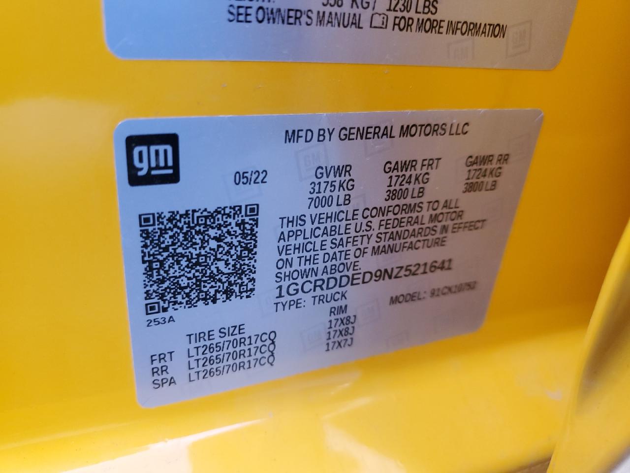 2022 CHEVROLET SILVERADO K1500 LT VIN:1GCRDDED9NZ521641