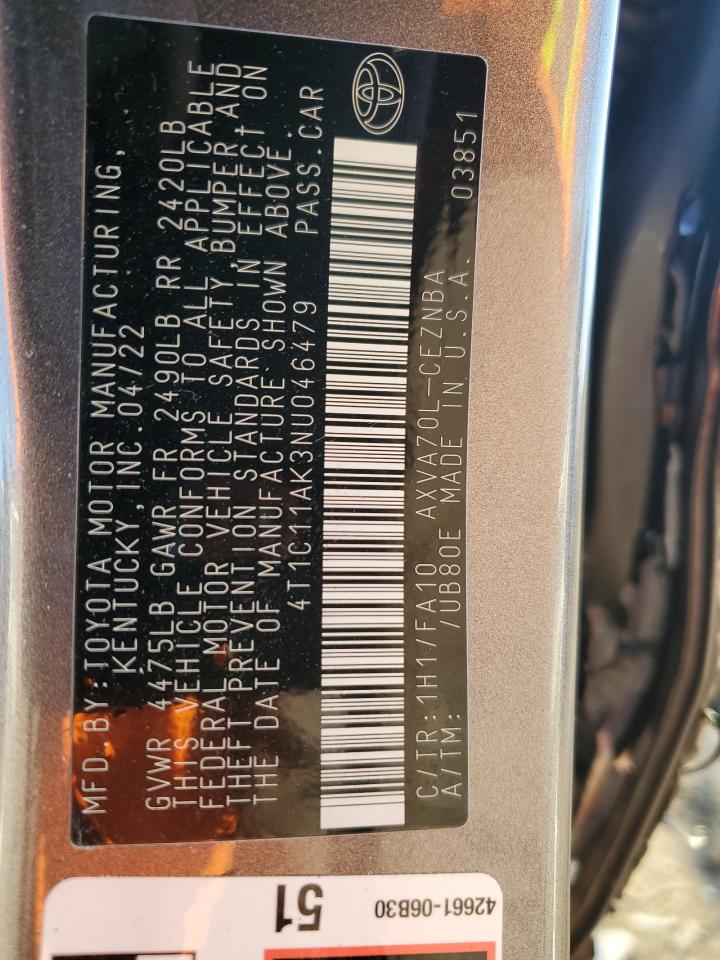 2022 TOYOTA CAMRY LE VIN:4T1C11AK3NU046479