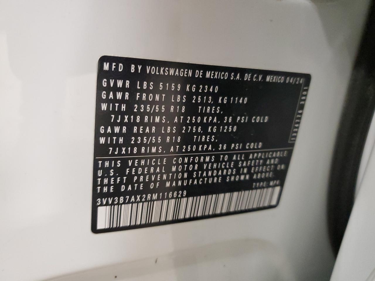 2024 VOLKSWAGEN TIGUAN SE VIN:3VV3B7AX2RM116629