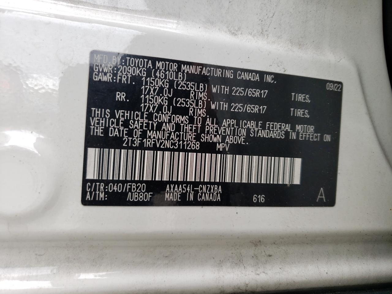 2022 TOYOTA RAV4 LE VIN:2T3F1RFV2NC311268