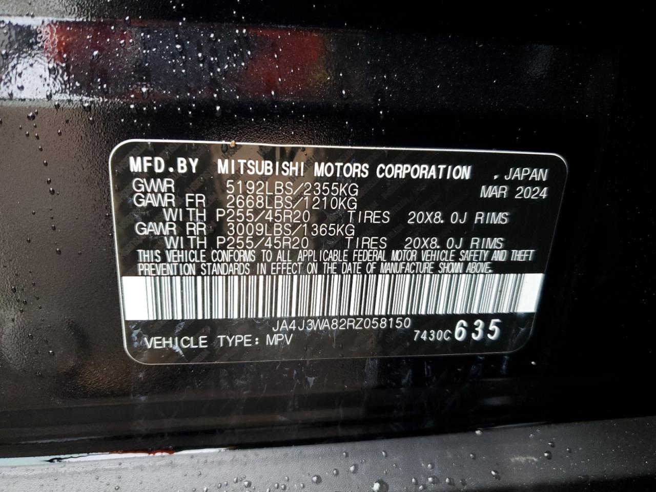 2024 MITSUBISHI OUTLANDER SEL VIN:JA4J3WA82RZ058150
