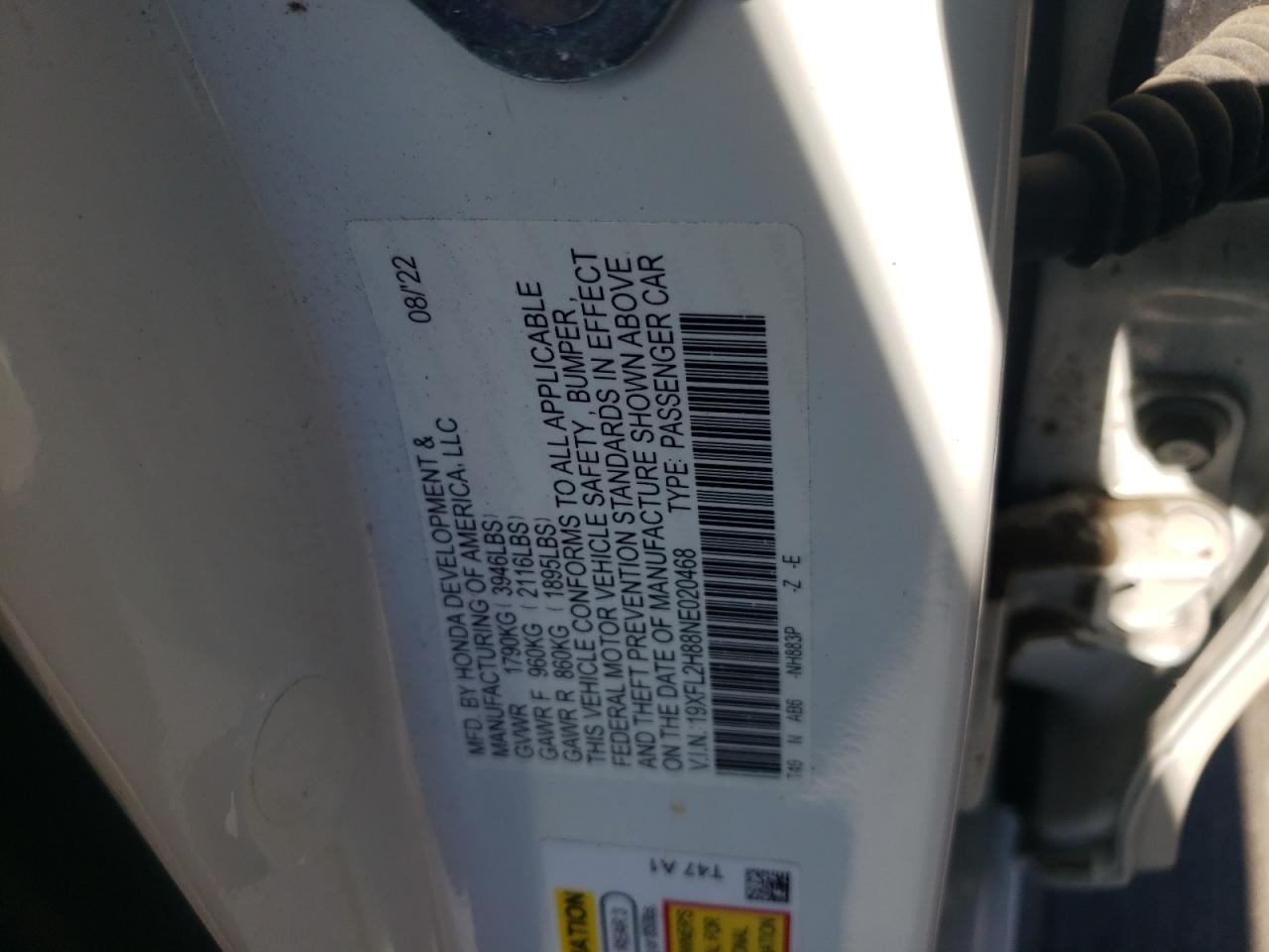 2022 HONDA CIVIC SPORT VIN:19XFL2H88NE020468