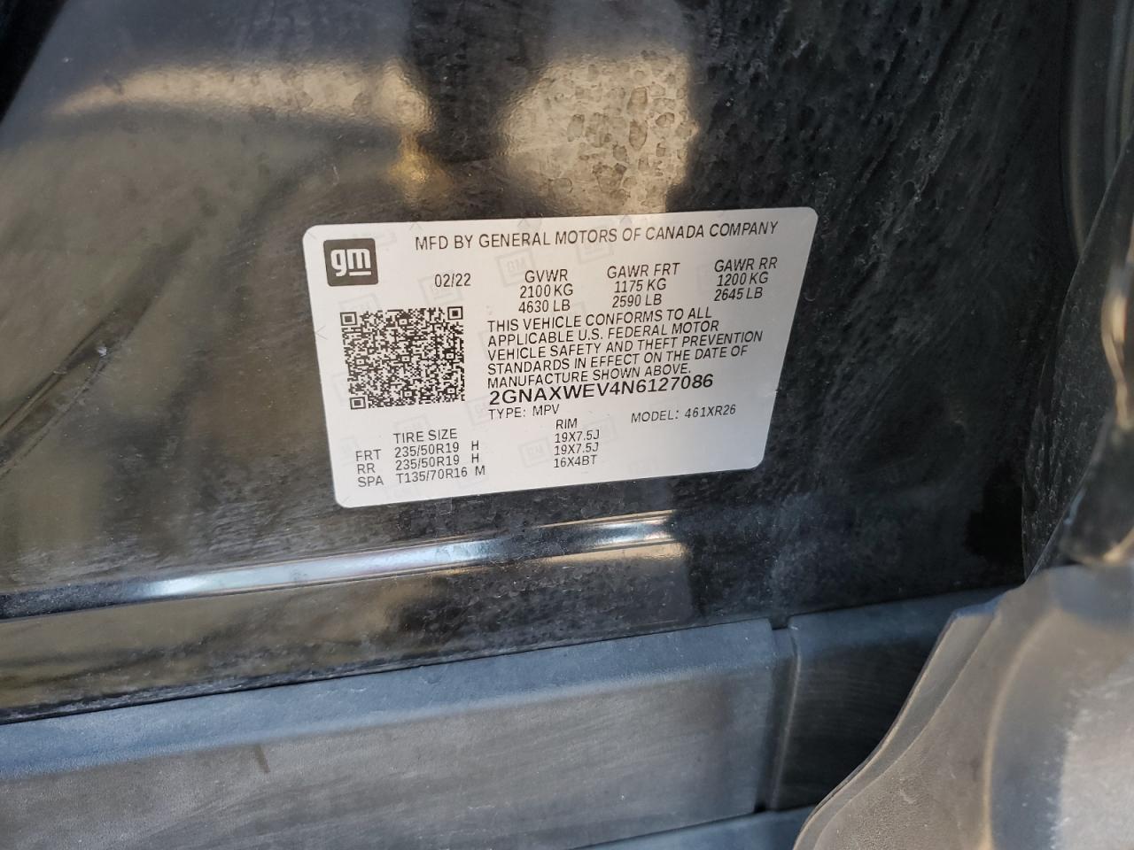 2022 CHEVROLET EQUINOX RS VIN:2GNAXWEV4N6127086