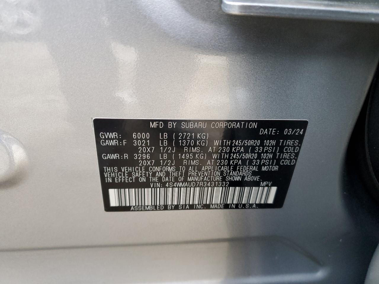 2024 SUBARU ASCENT LIMITED VIN:4S4WMAUD7R3431332