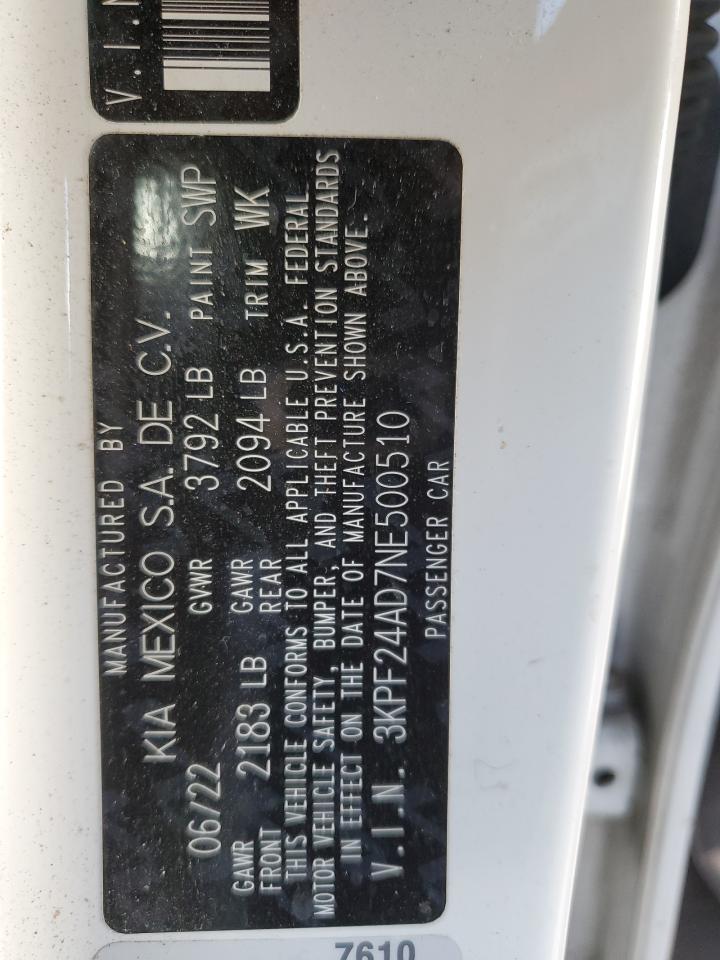 2022 KIA FORTE FE VIN:3KPF24AD7NE500510
