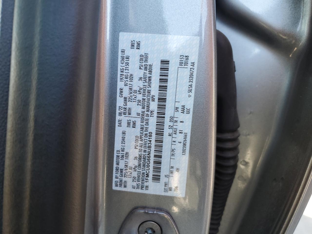 2022 FORD ESCAPE SE VIN:1FMCU0G66NUB34180