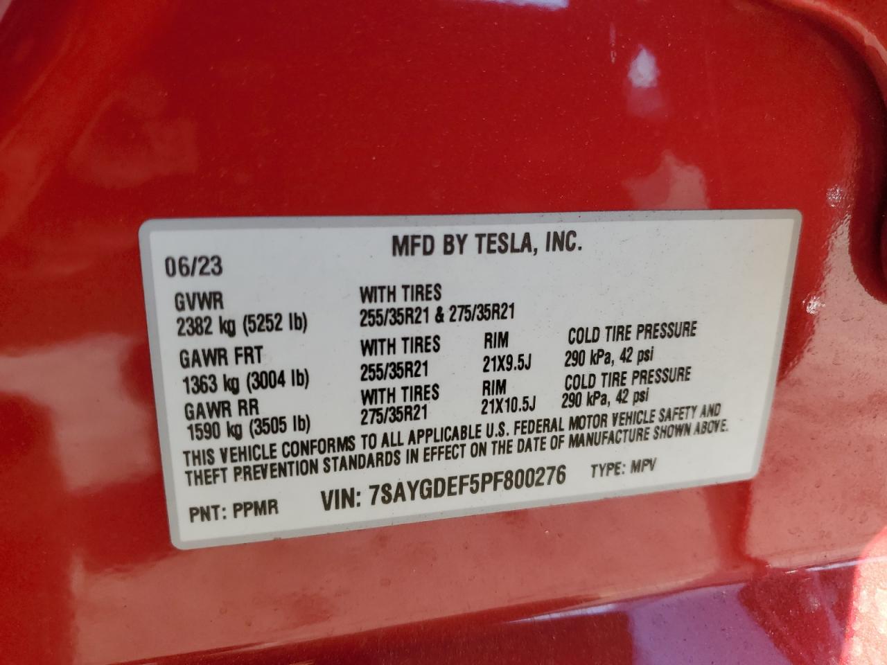 2023 TESLA MODEL Y  VIN:7SAYGDEF5PF800276
