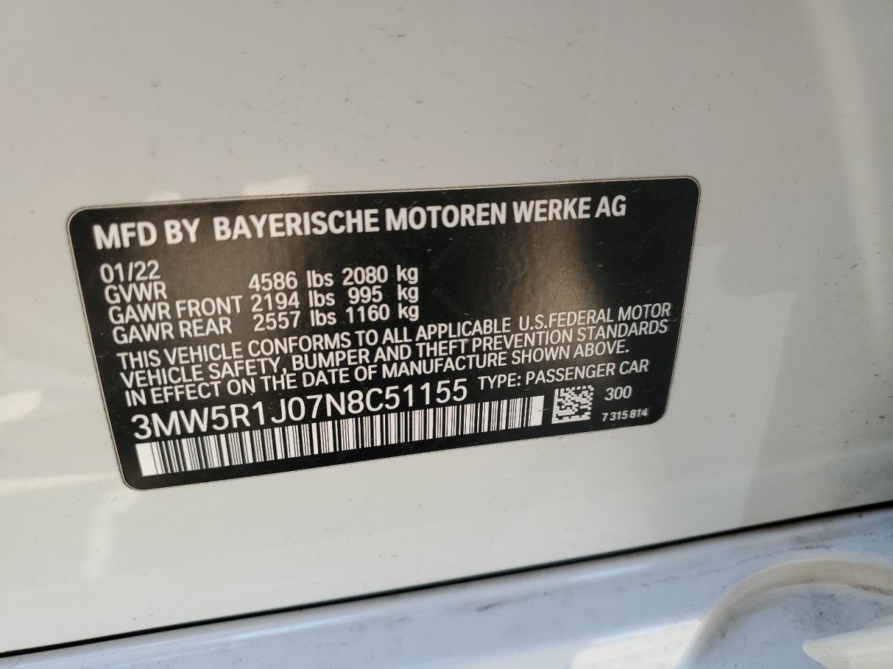 2022 BMW 330I  VIN:3MW5R1J07N8C51155