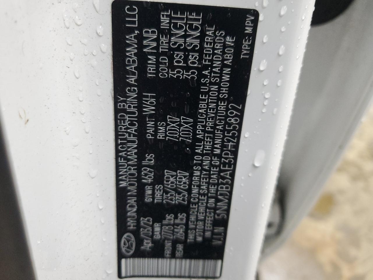 2023 HYUNDAI TUCSON SEL VIN:5NMJB3AE3PH255892