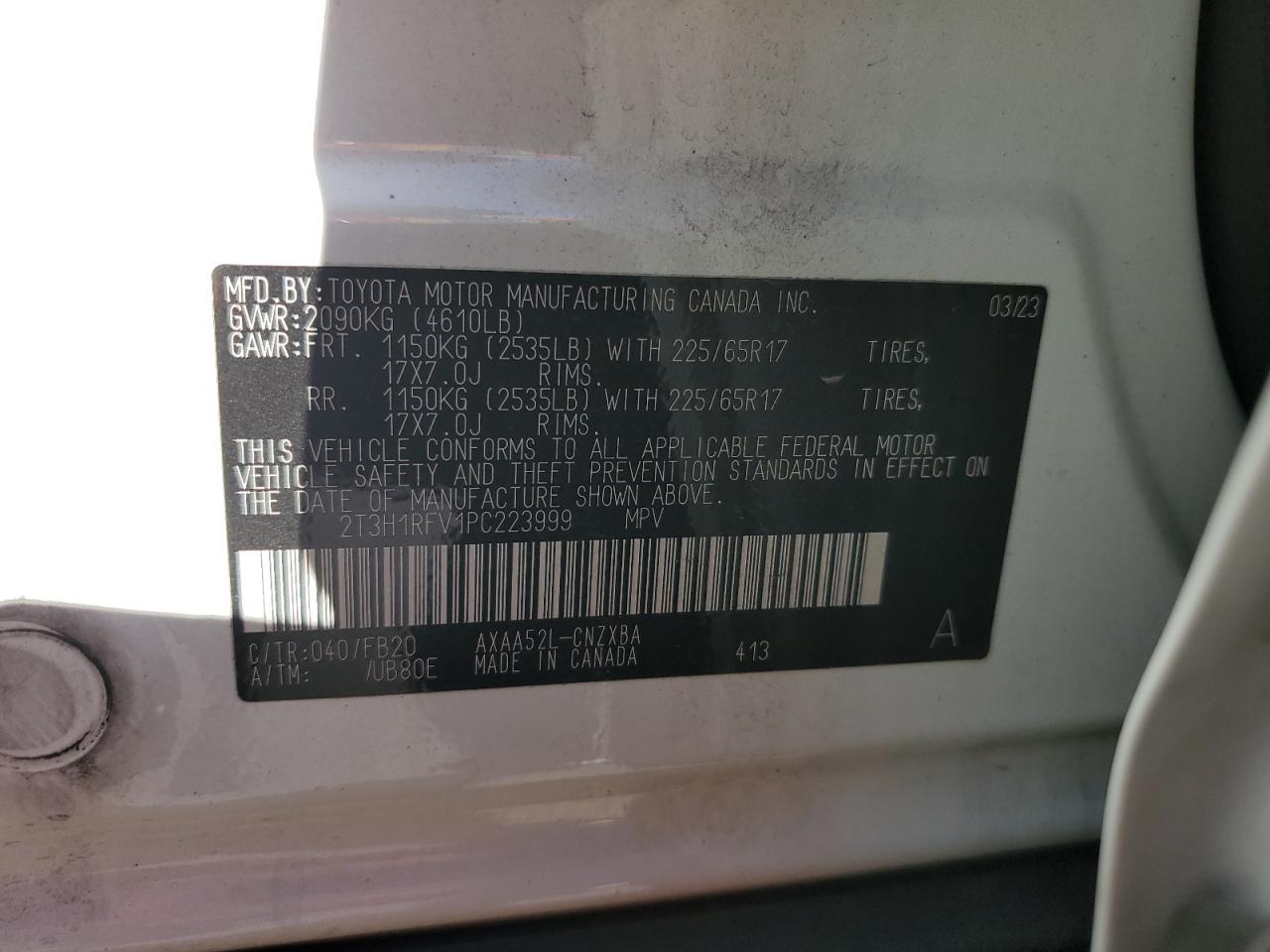 2023 TOYOTA RAV4 LE VIN:2T3H1RFV1PC223999