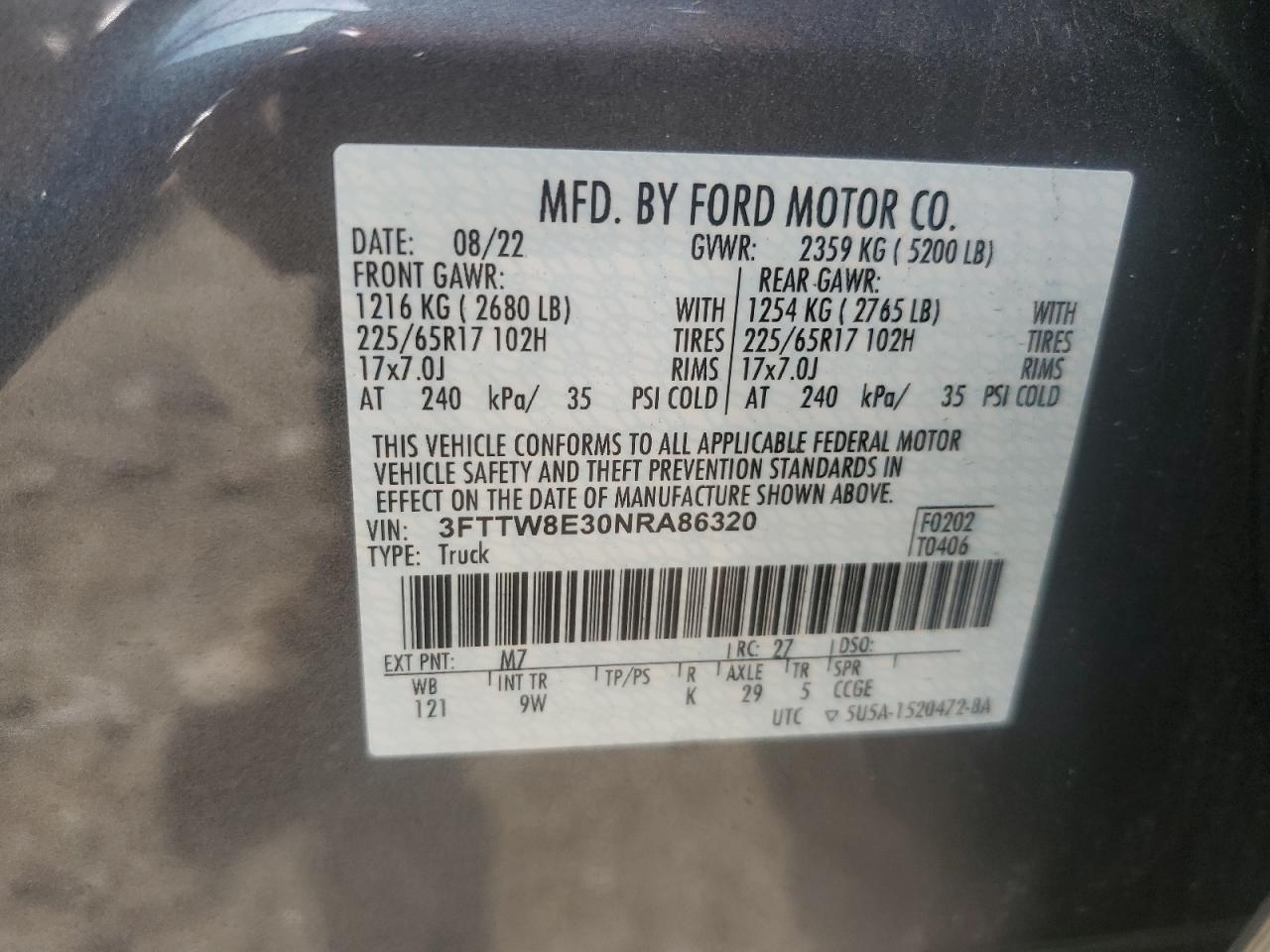 2022 FORD MAVERICK XL VIN:3FTTW8E30NRA86320