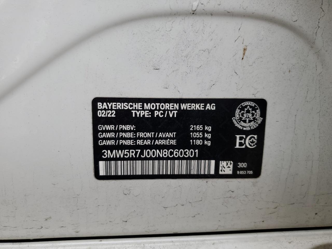 2022 BMW 330XI  VIN:3MW5R7J00N8C60301