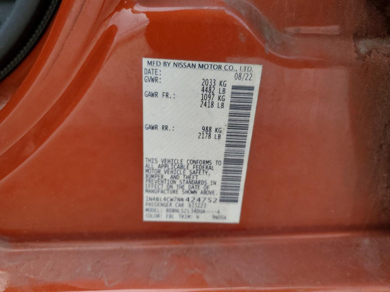 2022 NISSAN ALTIMA SR VIN:1N4BL4CW7NN424752