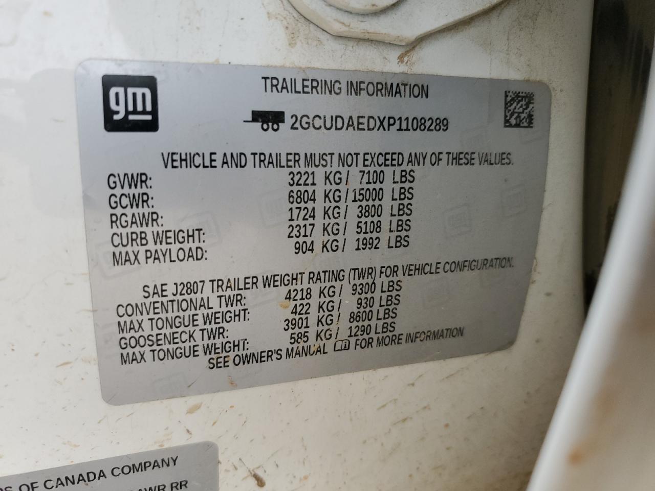 2023 CHEVROLET SILVERADO K1500 VIN:2GCUDAEDXP1108289