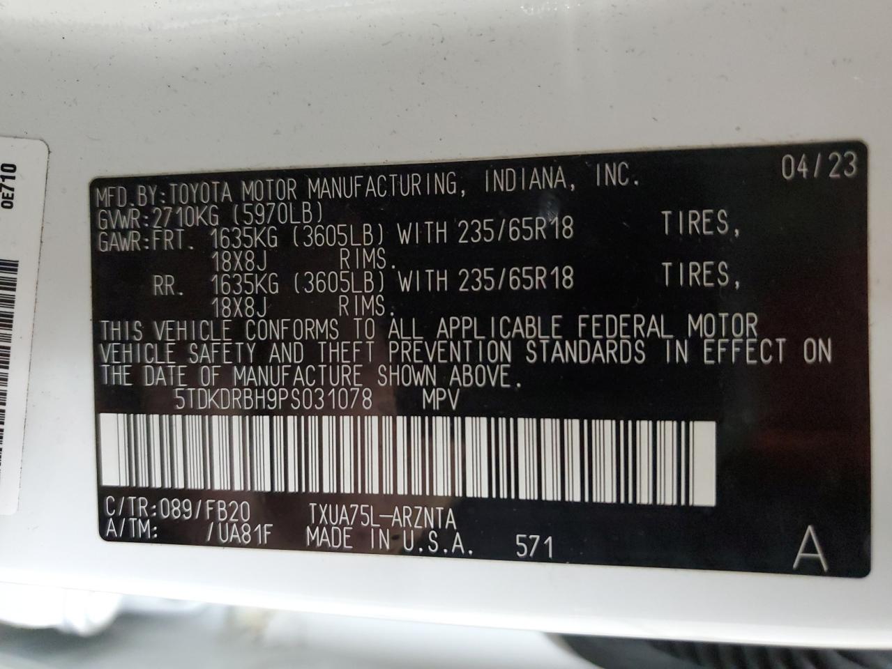2023 TOYOTA HIGHLANDER L VIN:5TDKDRBH9PS031078