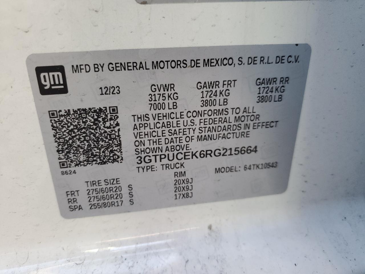 2024 GMC SIERRA K1500 ELEVATION VIN:3GTPUCEK6RG215664