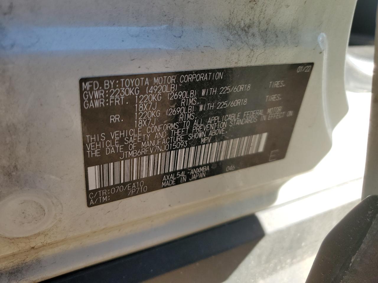 2022 TOYOTA RAV4 XLE PREMIUM VIN:JTMB6RFV7NJ015093