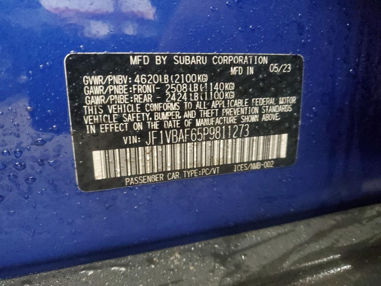 2023 SUBARU WRX PREMIUM VIN:JF1VBAF65P9811273