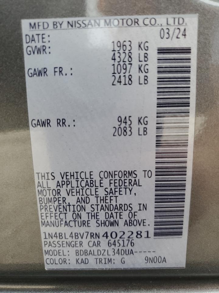 2024 NISSAN ALTIMA S VIN:1N4BL4BV7RN402281