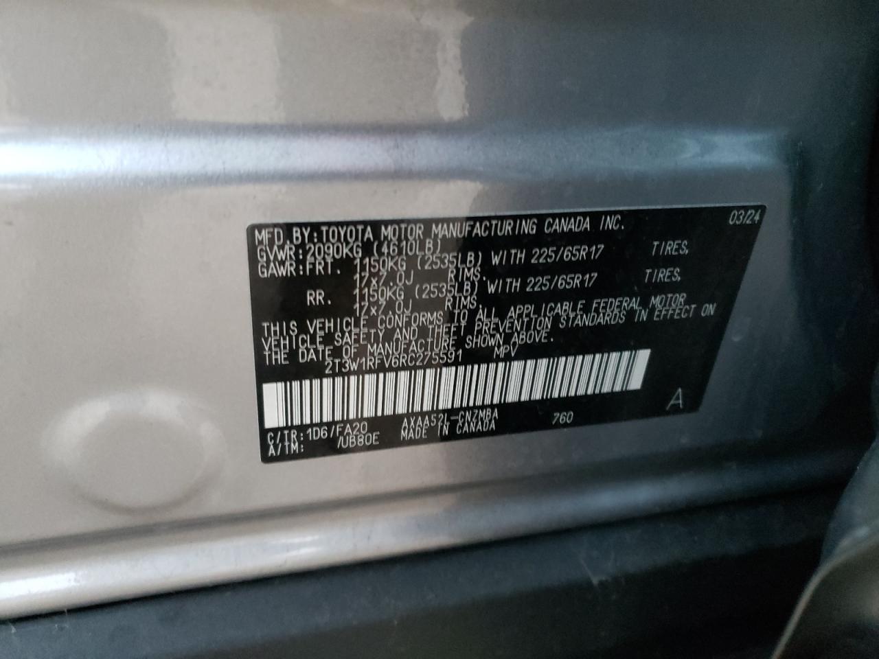 2024 TOYOTA RAV4 XLE VIN:2T3W1RFV6RC275591