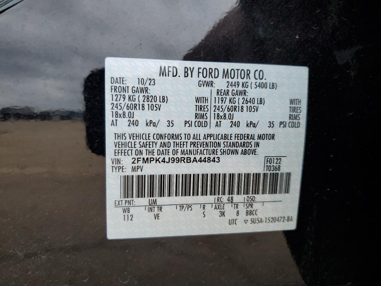 2024 FORD EDGE SEL VIN:2FMPK4J99RBA44843