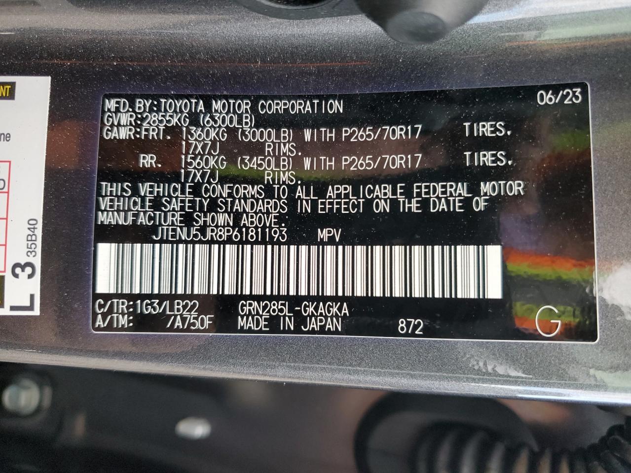 2023 TOYOTA 4RUNNER SE VIN:JTENU5JR8P6181193