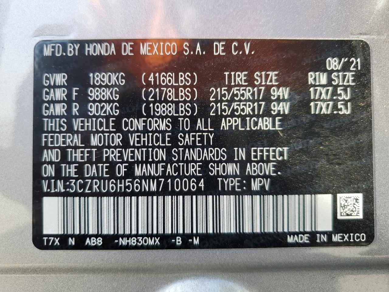 2022 HONDA HR-V EX VIN:3CZRU6H56NM710064