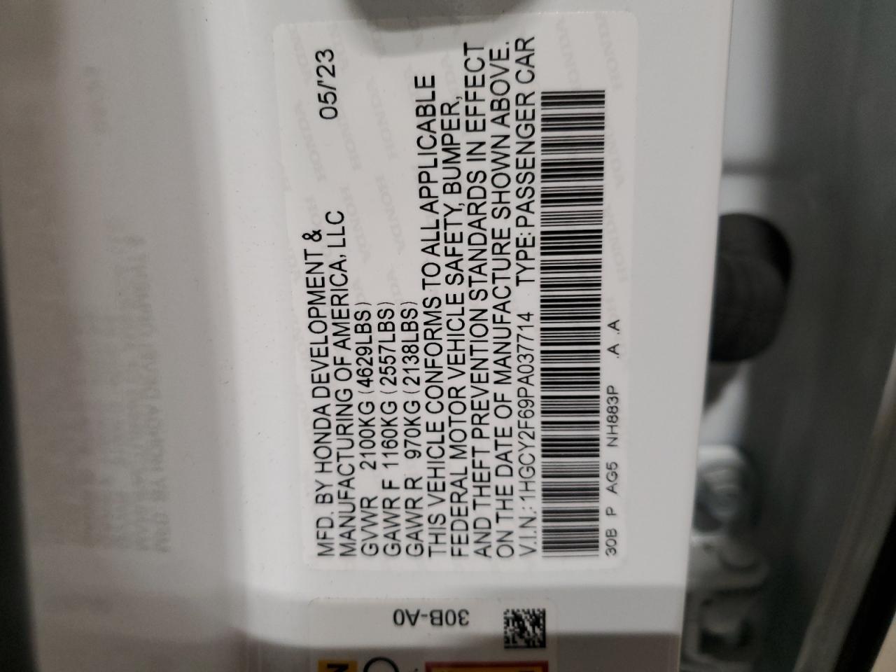 2023 HONDA ACCORD HYBRID EXL VIN:1HGCY2F69PA037714