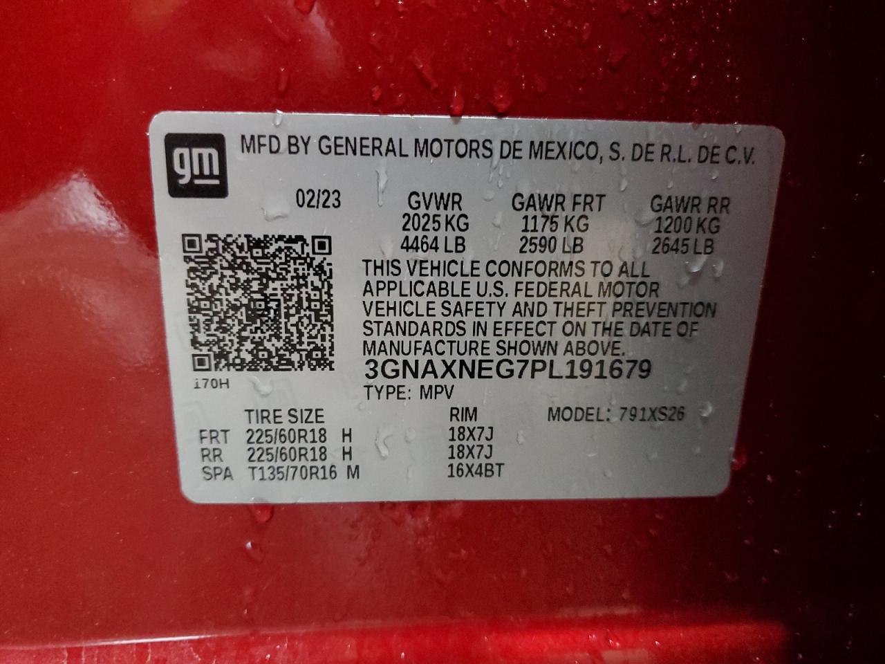 2023 CHEVROLET EQUINOX PREMIER VIN:3GNAXNEG7PL191679