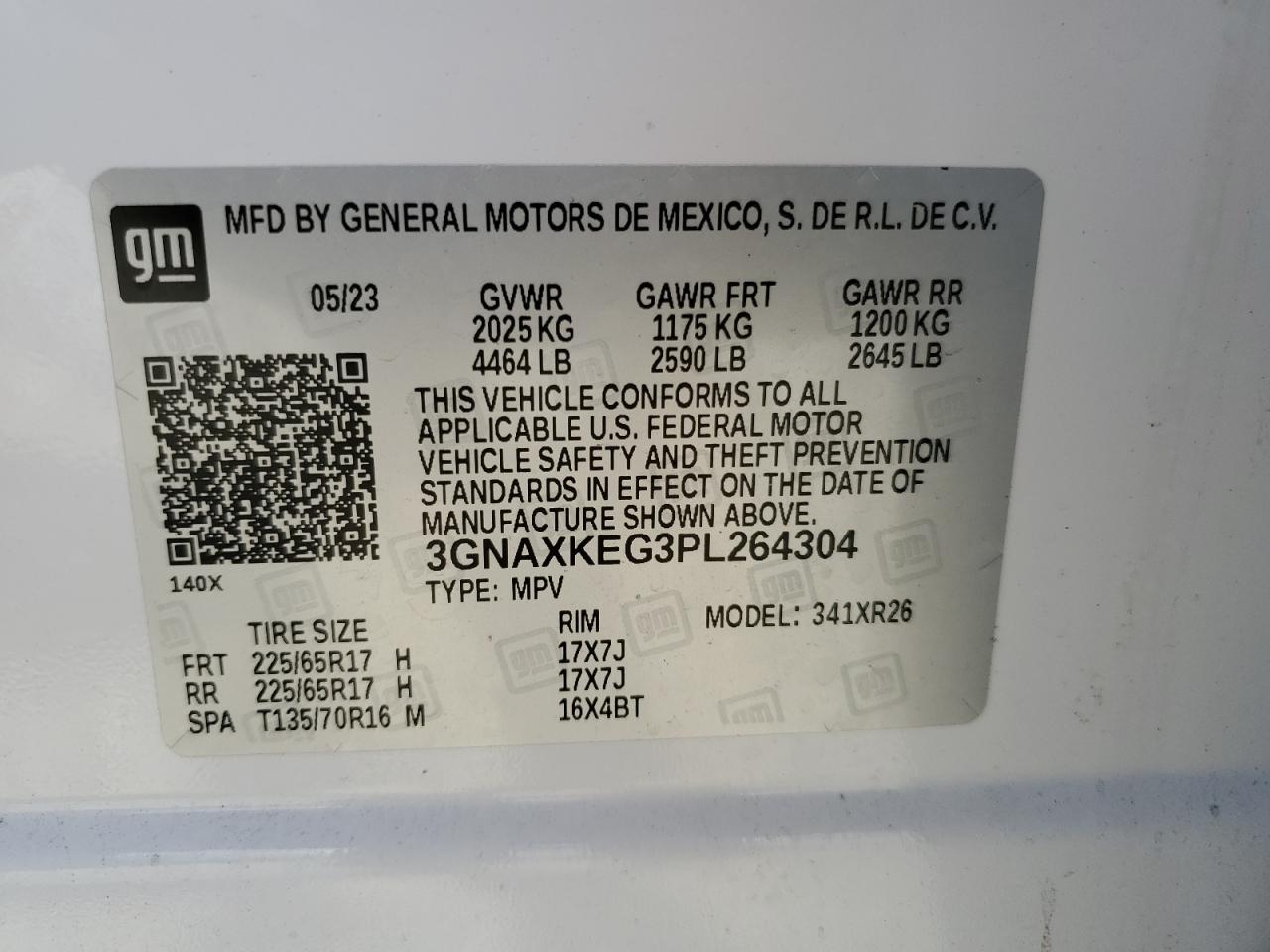 2023 CHEVROLET EQUINOX LT VIN:3GNAXKEG3PL264304