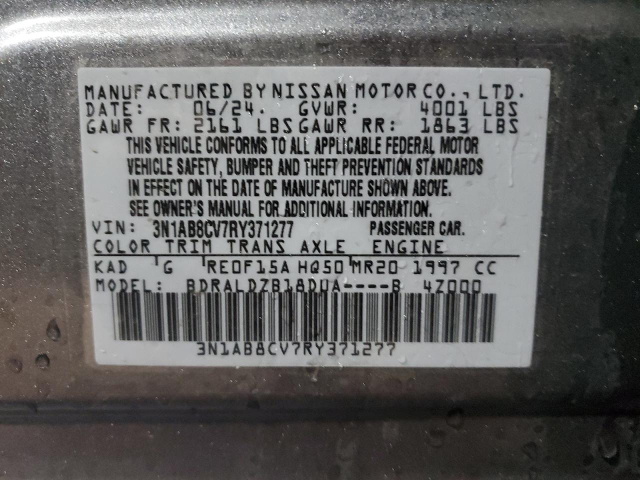 2024 NISSAN SENTRA SV VIN:3N1AB8CV7RY371277