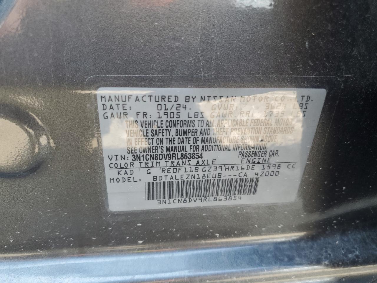 2024 NISSAN VERSA S VIN:3N1CN8DV9RL863854