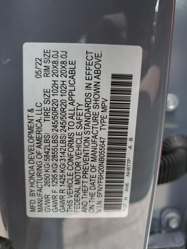 2022 HONDA PILOT SE VIN:5FNYF6H20NB055647