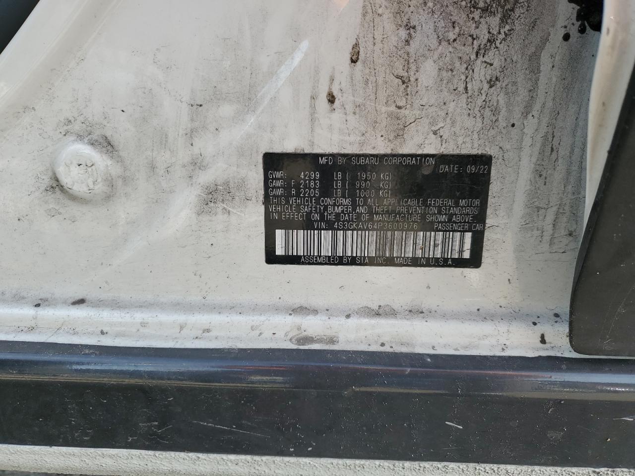 2023 SUBARU IMPREZA PREMIUM VIN:4S3GKAV64P3600976