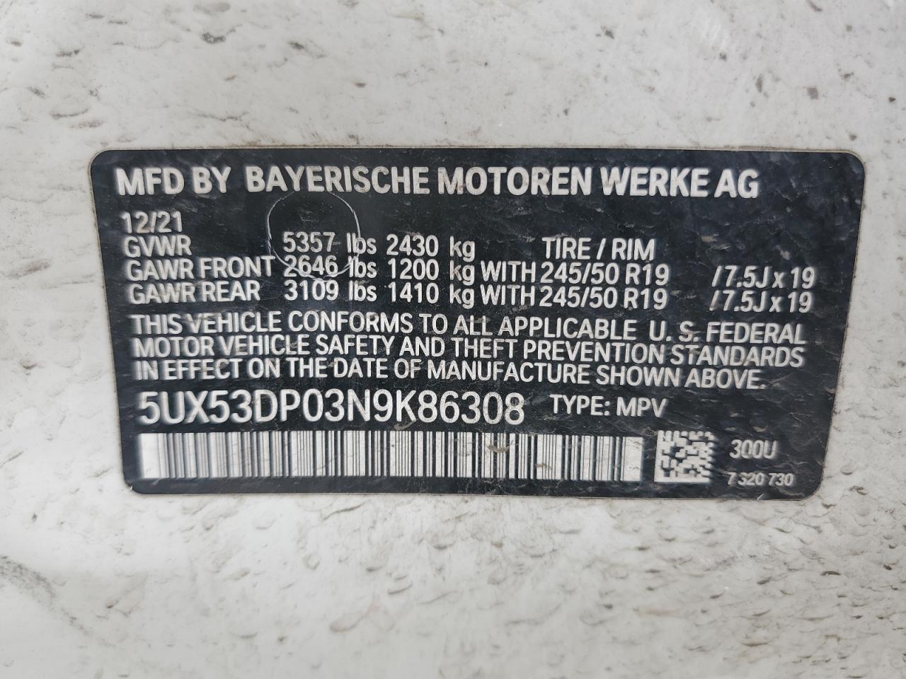 2022 BMW X3 XDRIVE30I VIN:5UX53DP03N9K86308