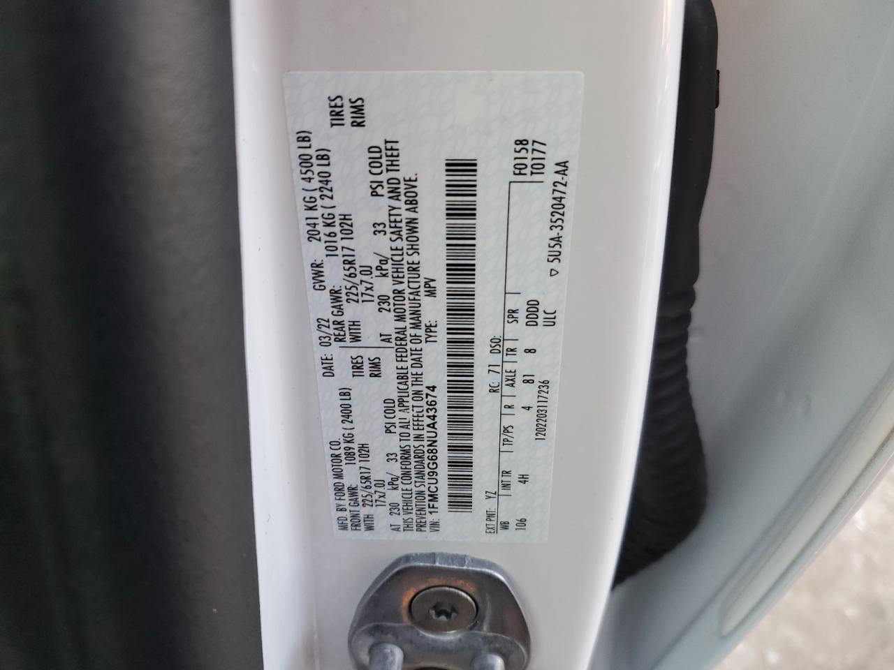 2022 FORD ESCAPE SE VIN:1FMCU9G68NUA43674