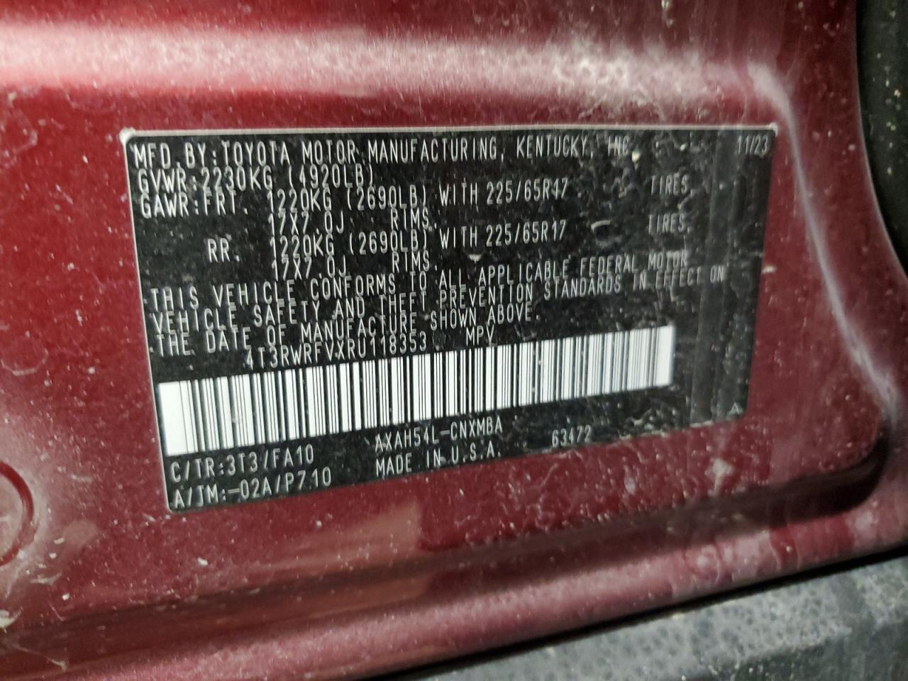 2024 TOYOTA RAV4 XLE VIN:4T3RWRFVXRU118353