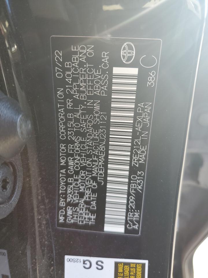 2022 TOYOTA COROLLA LE VIN:JTDEPMAE8NJ231121