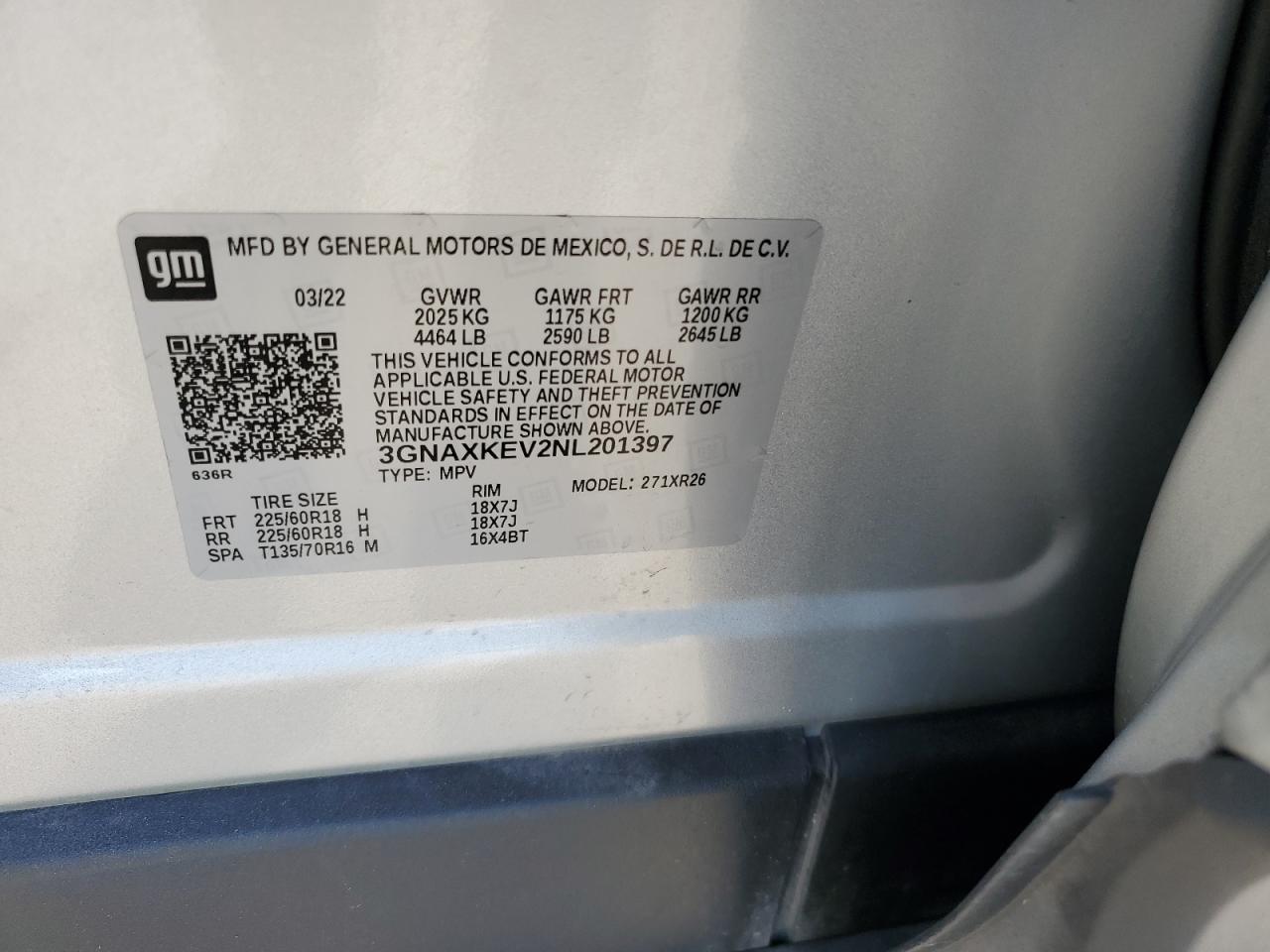 2022 CHEVROLET EQUINOX LT VIN:3GNAXKEV2NL201397