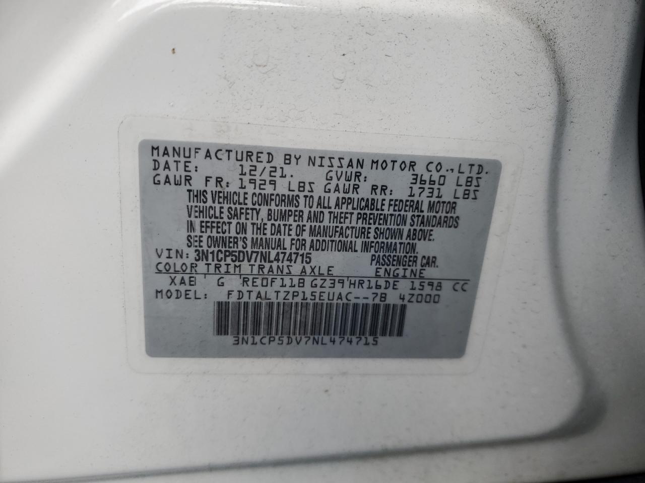 2022 NISSAN KICKS SR VIN:3N1CP5DV7NL474715