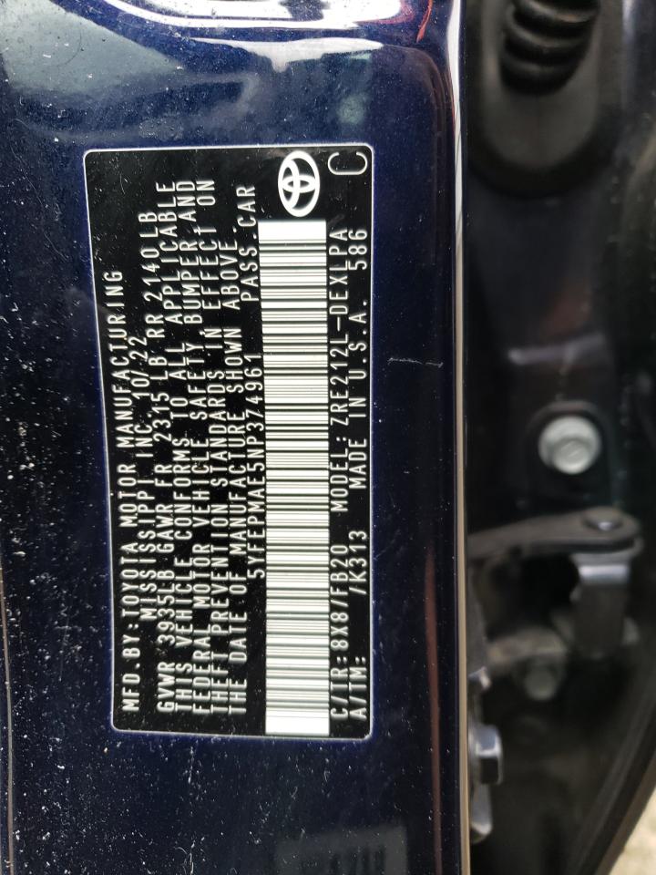 2022 TOYOTA COROLLA LE VIN:5YFEPMAE5NP374961