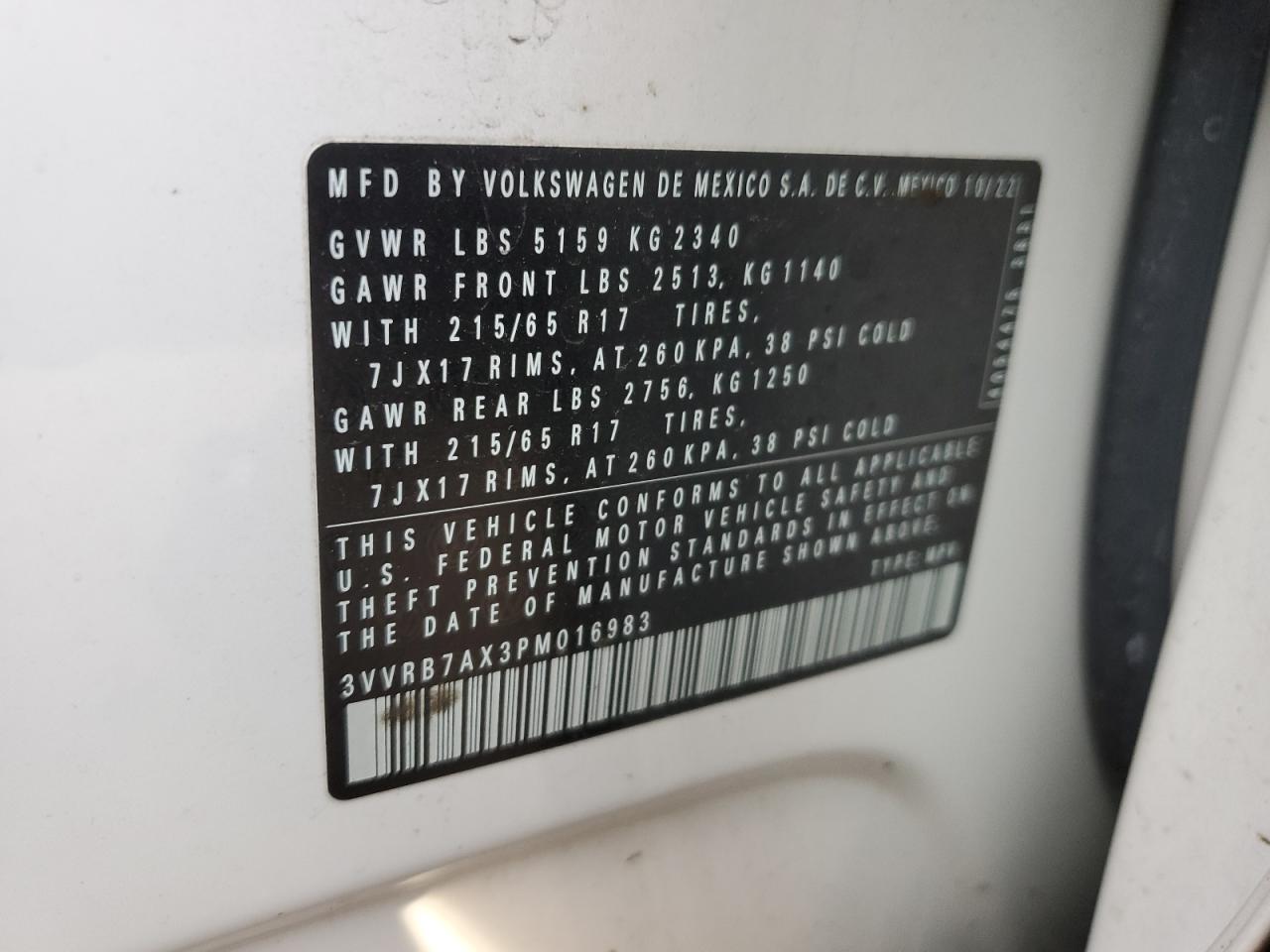2023 VOLKSWAGEN TIGUAN S VIN:3VVRB7AX3PM016983