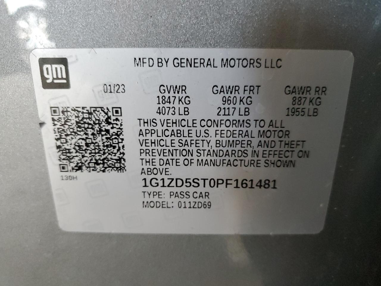 2023 CHEVROLET MALIBU LT VIN:1G1ZD5ST0PF161481