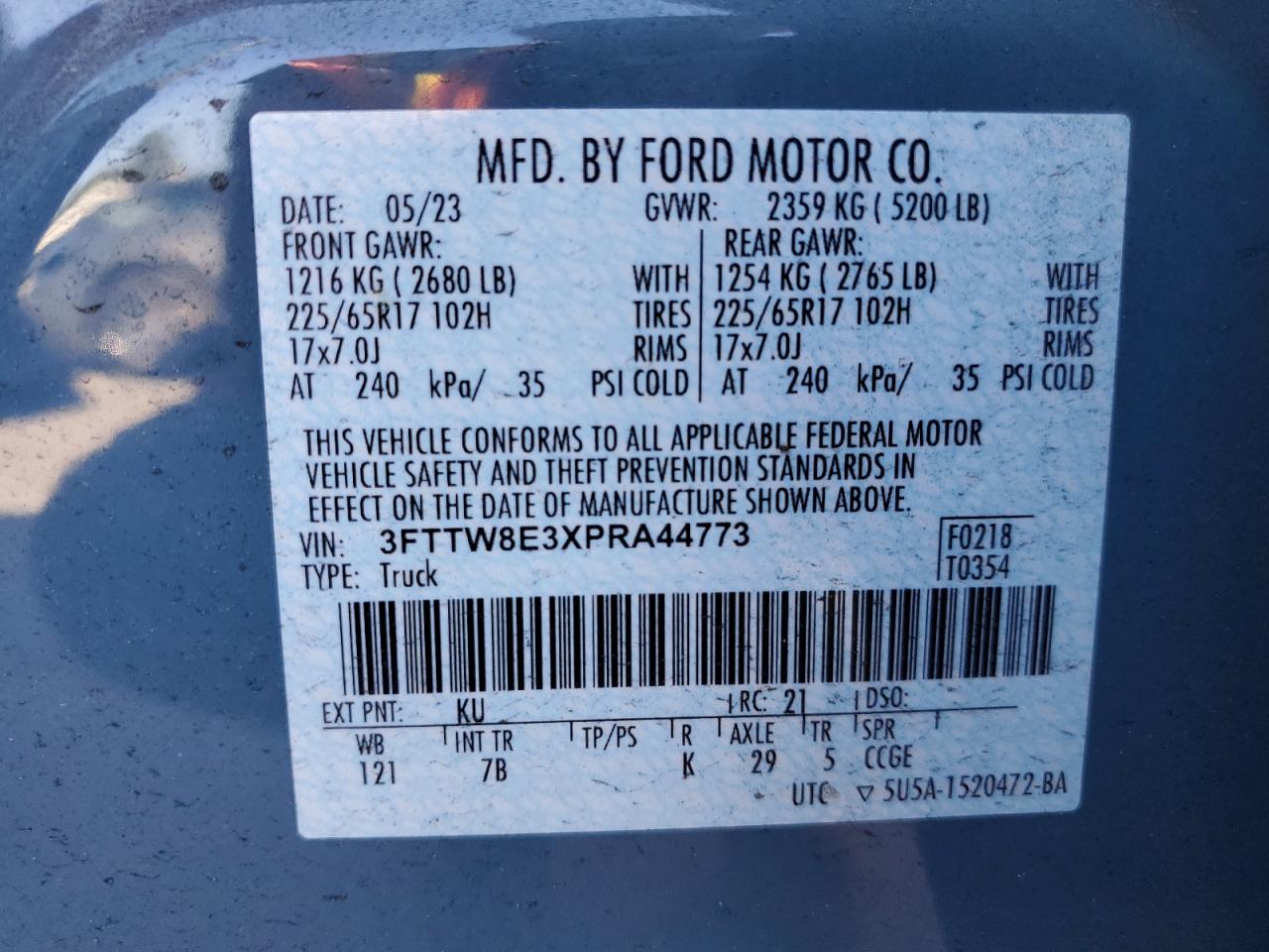 2023 FORD MAVERICK XL VIN:3FTTW8E3XPRA44773
