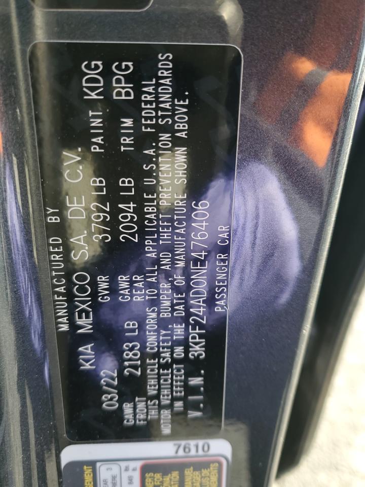 2022 KIA FORTE FE VIN:3KPF24AD0NE476406