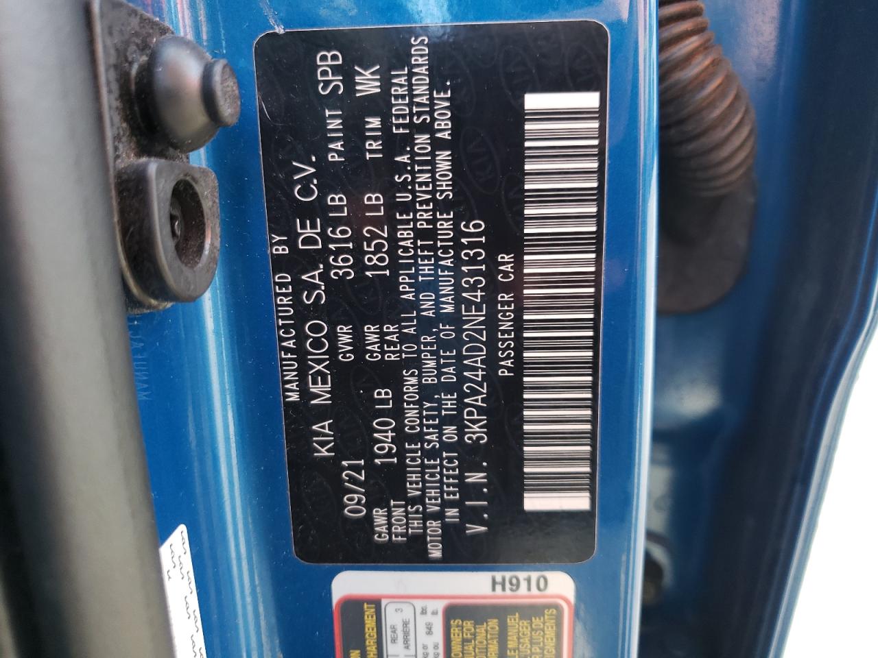 2022 KIA RIO LX VIN:3KPA24AD2NE431316